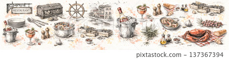 Panoramic Seafood Restaurant Banner with Hand Drawn Crab Shrimp Wine and Coastal Village Scenery 137367394
