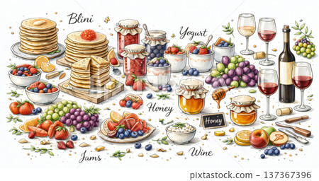 Colorful Breakfast Illustration with Pancakes Fresh Berries Jams and Wine 137367396