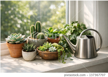 Succulents and cacti lined up on a windowsill with a stylish watering can 137367707