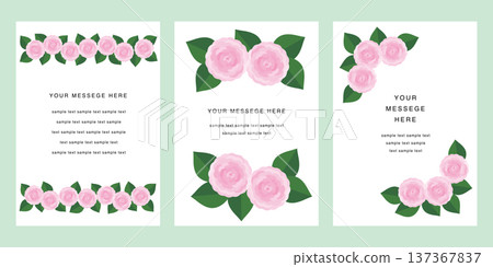 Spring retro flower message card, camellia, rose frame, poster vector illustration 137367837