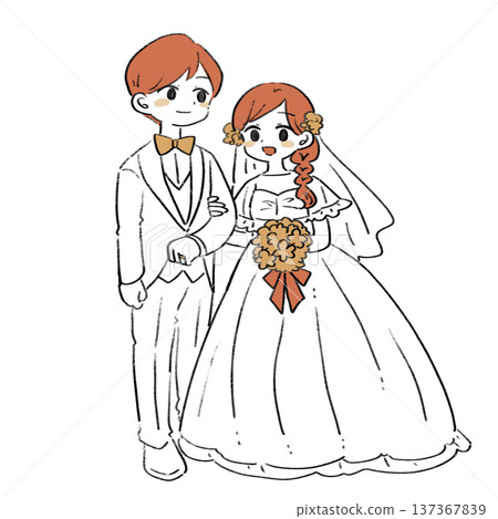 Illustration of a bride and groom in a wedding dress and tuxedo Illustration of a bride and groom in a wedding dress and tuxedo 137367839