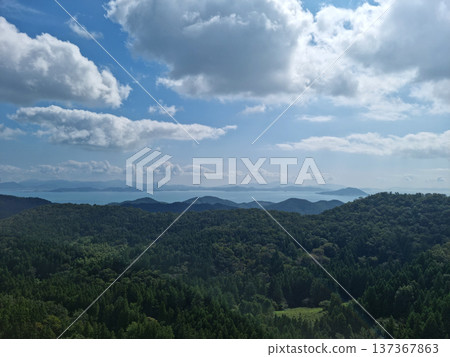 A distant view of the sea and forest A distant view of the sea and forest 137367863