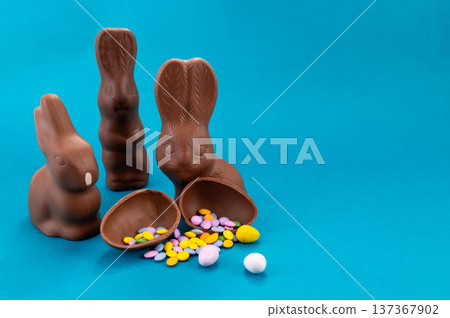 Easter celebration. Cute chocolate bunnies and egg on light blue background Easter celebration. Cute chocolate bunnies and egg on light blue background 137367902