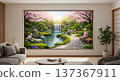 A relaxing garden landscape lined with cherry blossom trees 137367911