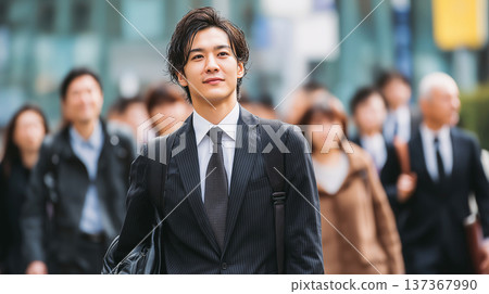 一位穿著西裝的年輕商人在辦公區散步 137367990