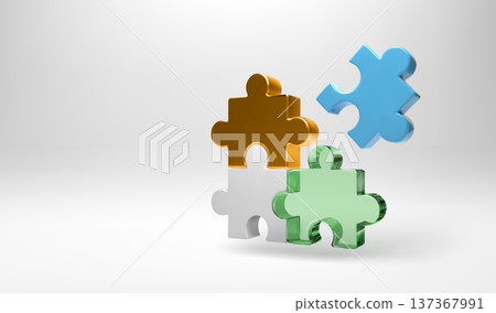 3D transparent glass puzzle piece with golden and blue green fusion icon. Realistic isometric render for assembling jigsaw fragments. Join parts logic. Teamwork solve problem. Pastel metal element 137367991