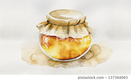 Watercolor honey bottle illustration on white background. Hand-drawn style. Honey. Jam bottle. Food ingredient. Analog style. Watercolor honey bottle illustration on white background. Hand-drawn style. Honey. Jam bottle. Food ingredient. Analog style. 137368065