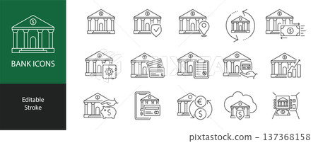Banking Line Icons Set. Bank Building, Card Payment, Money Transfer, Security, and Financial Services Outline Symbols in a vector illustration Banking Line Icons Set. Bank Building, Card Payment, Money Transfer, Security, and Financial Services Outline Symbols in a vector illustration 137368158