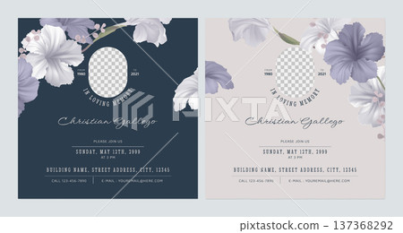 Floral memorial and funeral invitation card template design, blue and brown decorate with ruellia tuberosa flowers 137368292