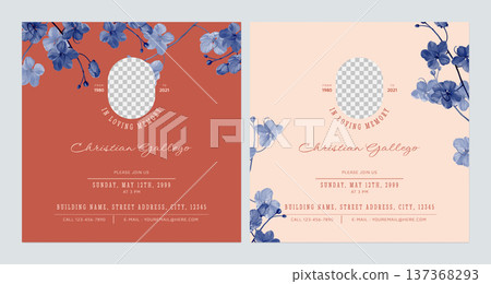 Floral memorial and funeral invitation card template design, red and bright orange decorate with blue golden shower flowers 137368293