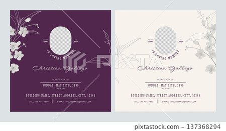 Floral memorial and funeral invitation card template design, purple and brown decorated with golden shower flowers and leaves 137368294