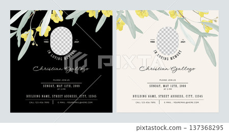Floral memorial and funeral invitation card template design, brown and grey decorated with golden shower flowers and leaves 137368295