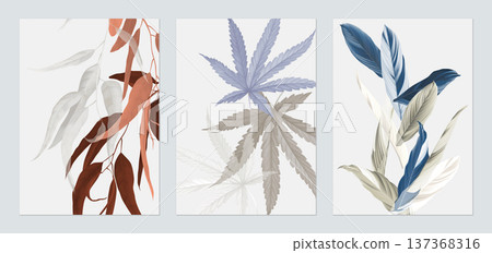 Foliage poster template design, various colorful leaves on grey Foliage poster template design, various colorful leaves on grey 137368316