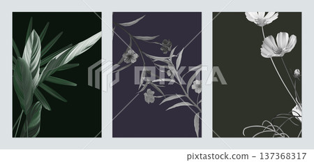 Botanical poster template design, various leaves and flowers on dark grey Botanical poster template design, various leaves and flowers on dark grey 137368317