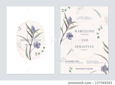 Floral wedding invitation card template design, Ruellia tuberosa flowers and leaves on brown 137368363