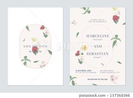 Floral wedding invitation card template design, pansy flowers and leaves on brown 137368366