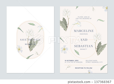 Floral wedding invitation card template design, Medicinal Kopsia and Plumeria flowers on brown 137368367