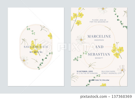 Floral wedding invitation card template design, golden shower and cosmos flowers on brown 137368369
