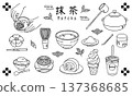 Matcha illustration set, hand-drawn line drawing, monochrome 137368685