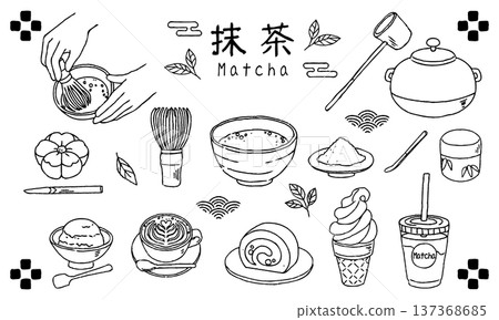 Matcha illustration set, hand-drawn line drawing, monochrome 137368685