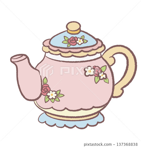 Kawaii vintage floral teapot with pastel flowers cottagecore tea illustration cute porcelain teapot for afternoon tea designs tea party graphics kitchen decor and cozy spring clipart 137368838