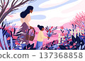Mother's Day mother and daughter picking flowers colorful spring landscape with blooming plants basket bouquet outdoor scene website banner 137368858