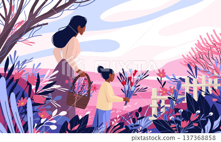 Mother's Day mother and daughter picking flowers colorful spring landscape with blooming plants basket bouquet outdoor scene website banner 137368858