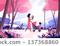 Mother's Day mom with stroller child flowers walking in pink spring park landscape modern flat style web banner 137368860