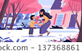 Mother's Day child giving flowers to mom outdoor garden scene house pink trees colorful landscape website banner 137368861