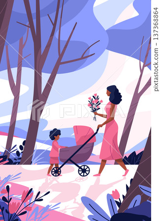 Mother's Day mom child stroller flowers park walk colorful trees abstract nature scene website banner 137368864