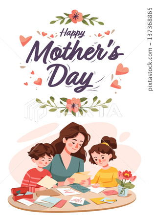 Mother's Day family celebration mother children making greeting cards flowers hearts festive table home decor Mother's Day family celebration mother children making greeting cards flowers hearts festive table home decor 137368865
