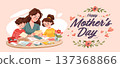 Mother's Day family celebration mom children making greeting cards flowers hearts pastel background website banner 137368866