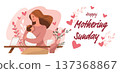 Mother and child celebrating Mother's Day warm embrace floral decorations pink hearts table vase modern flat style 137368867