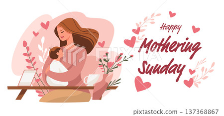 Mother and child celebrating Mother's Day warm embrace floral decorations pink hearts table vase modern flat style 137368867