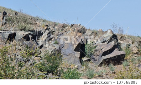 Beautiful view of nature scene. Stones with petroglyphs. Beautiful view of nature scene. Stones with petroglyphs. 137368895