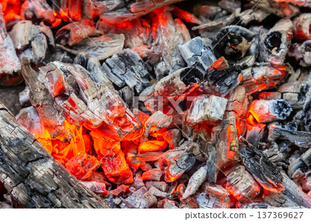 Glowing embers provide warmth and light in a coal bed at night during a cozy outdoor gathering near a campfire 137369627