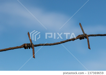Rusty barbed wire stretches against a clear blue sky capturing the essence of rural landscapes and forgotten boundaries in the midday sun 137369659