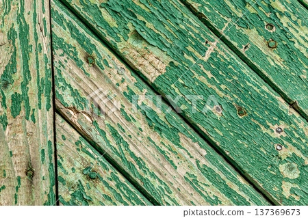 Weathered green wooden planks with peeling paint create a rustic texture ideal for artistic backgrounds Weathered green wooden planks with peeling paint create a rustic texture ideal for artistic backgrounds 137369673