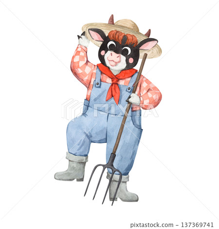 A watercolor illustration of a bull in overalls and a hat A watercolor illustration of a bull in overalls and a hat 137369741