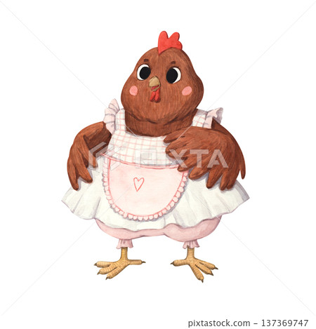 A charming watercolor chicken in a sundress and apron 137369747