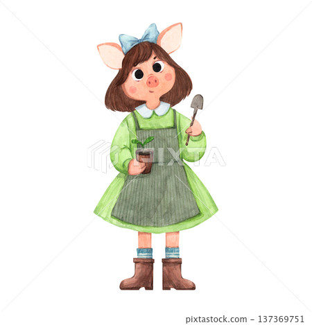 A cute watercolor gardening pig with a small potted plant 137369751