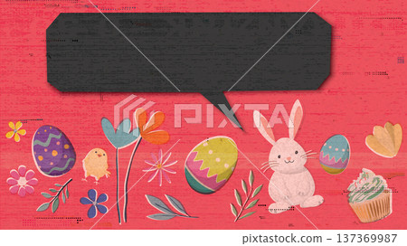 Happy Easter greeting card, poster or banner hand drawn illustrated risograph defect printing on old roneo paper fluorescent pink color background. Happy Easter greeting card, poster or banner hand drawn illustrated risograph defect printing on old roneo paper fluorescent pink color background. 137369987