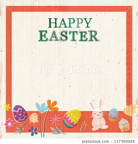 Happy Easter greeting card, poster, label or banner hand drawn illustrated defect printing on old roneo paper rough texture with orange frame background have blank space. 137369988