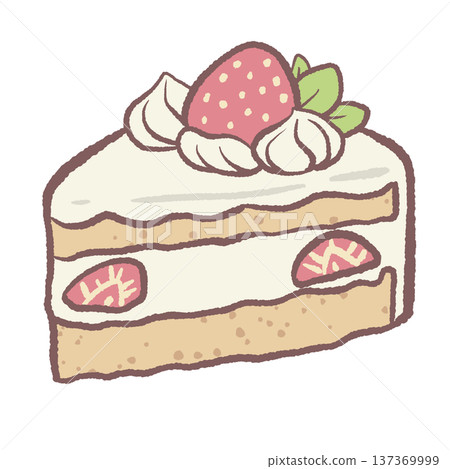 Kawaii strawberry shortcake slice with whipped cream and fresh strawberry pastel dessert illustration cute bakery cake slice for afternoon tea party graphics dessert menu designs and sweet food themes 137369999
