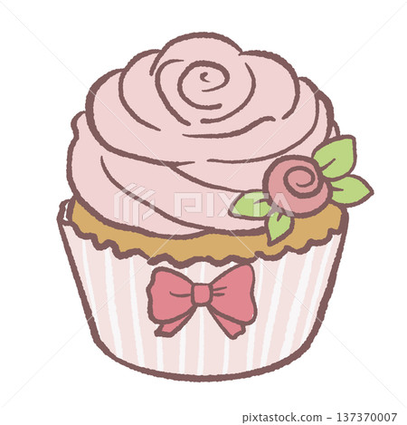 Kawaii strawberry cupcake with pink frosting and bow wrapper pastel dessert illustration cute bakery cupcake for birthday party graphics bakery menu designs and sweet treat themed artwork Kawaii strawberry cupcake with pink frosting and bow wrapper pastel dessert illustration cute bakery cupcake for birthday party graphics bakery menu designs and sweet treat themed artwork 137370007
