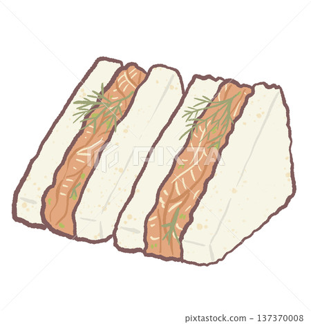 Kawaii smoked salmon sandwich triangles with herbs illustration cute tea party finger sandwich for brunch menu graphics cafe food designs and gourmet sandwich themed artwork Kawaii smoked salmon sandwich triangles with herbs illustration cute tea party finger sandwich for brunch menu graphics cafe food designs and gourmet sandwich themed artwork 137370008