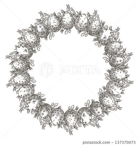 Easter wreath with eggs and wildflower in vintage style. Hand drawn vector decorative festive design. Graphic circle frame for outline art greeting card template. Perfect for spring holiday season. Easter wreath with eggs and wildflower in vintage style. Hand drawn vector decorative festive design. Graphic circle frame for outline art greeting card template. Perfect for spring holiday season. 137370073