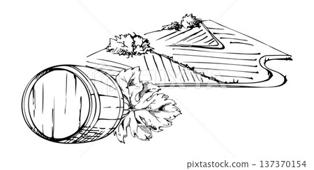 Agricultural landscape with rolling fields and distant hills, distillery barrel cask and leaf closeup. Clean ink vector illustration hand drawn for travel brochures, branding assets, educational use. Agricultural landscape with rolling fields and distant hills, distillery barrel cask and leaf closeup. Clean ink vector illustration hand drawn for travel brochures, branding assets, educational use. 137370154