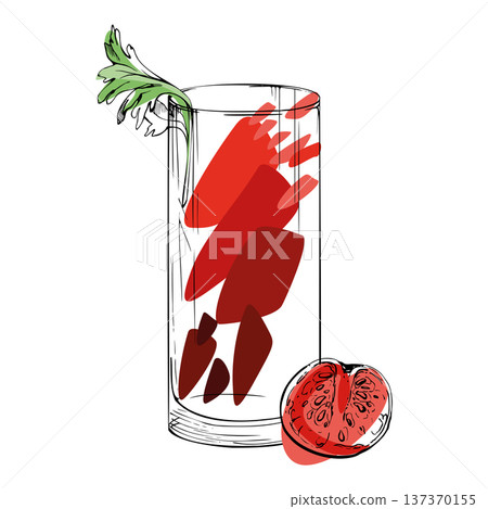 Bloody Mary, juice vector with celery and tomato garnish in highball glass hand drawn in ink. Red accent tones, crisp outlines. Perfect for brunch menu branding, restaurant decor, product visuals. 137370155