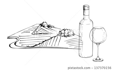 Farmland panorama with structured fields and mountain horizon, rural country road, wine bottle and balloon glass side motif. Hand drawn ink vector illustration. Wine region visuals, rural marketing Farmland panorama with structured fields and mountain horizon, rural country road, wine bottle and balloon glass side motif. Hand drawn ink vector illustration. Wine region visuals, rural marketing 137370156